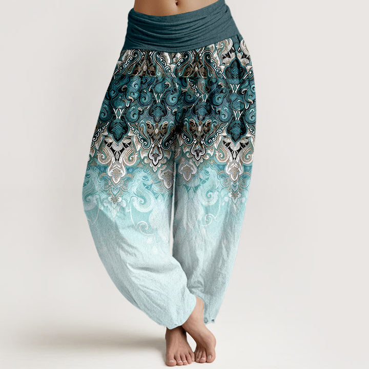 Buddha Stones Pantalon harem pour femme en pur coton à taille élastique et motif floral cachemire dégradé - Sarcelle - US16，UK/AU20，EU48 (3XL) - image 0