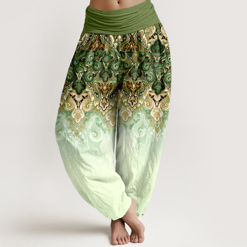 Buddha Stones Pantalon harem pour femme en pur coton à taille élastique et motif floral cachemire dégradé - Vert olive - US16，UK/AU20，EU48 (3XL) - image 8