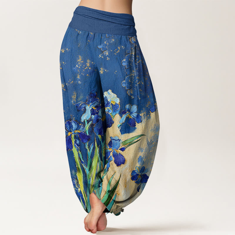 Buddha Stones Pantalon harem à taille élastique en pur coton à motif iris pour femme - image 1