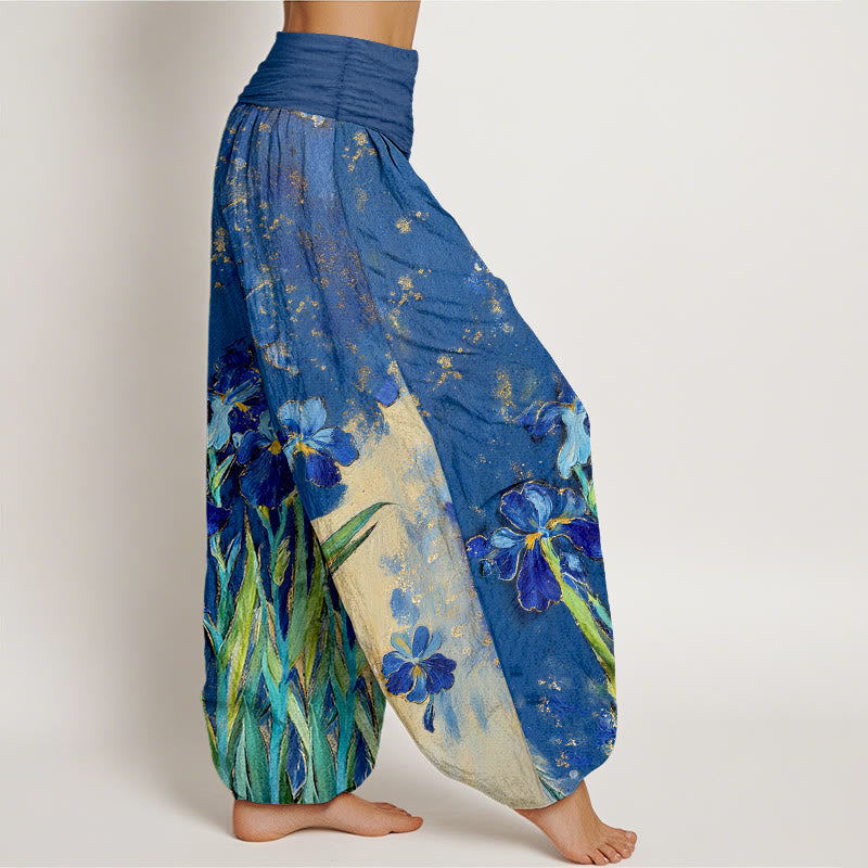Buddha Stones Pantalon harem à taille élastique en pur coton à motif iris pour femme - image 2
