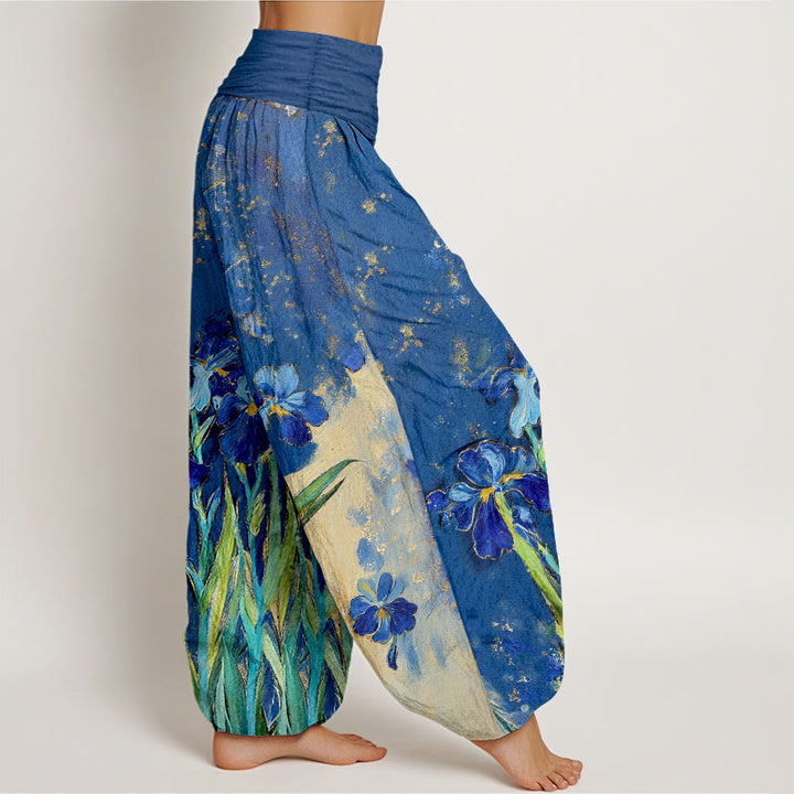 Buddha Stones Pantalon harem à taille élastique en pur coton à motif iris pour femme - image 2