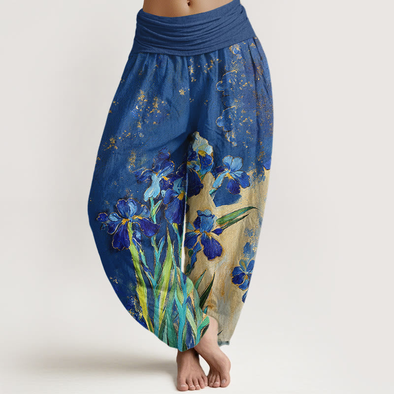 Buddha Stones Pantalon harem à taille élastique en pur coton à motif iris pour femme - Bleu royal - US16，UK/AU20，EU48 (3XL) - image 0
