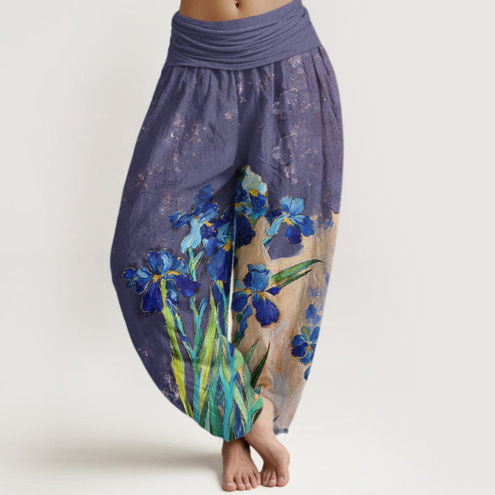 Buddha Stones Pantalon harem à taille élastique en pur coton à motif iris pour femme - Violet moyen - US16，UK/AU20，EU48 (3XL) - image 5
