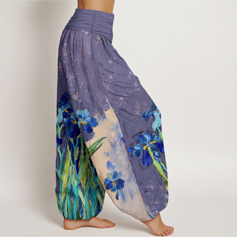 Buddha Stones Pantalon harem à taille élastique en pur coton à motif iris pour femme - image 7