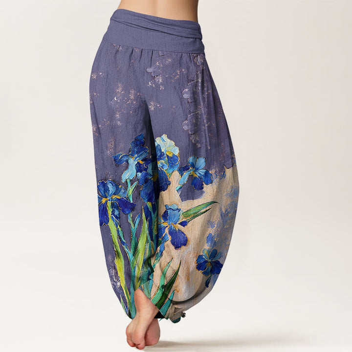 Buddha Stones Pantalon harem à taille élastique en pur coton à motif iris pour femme - image 6