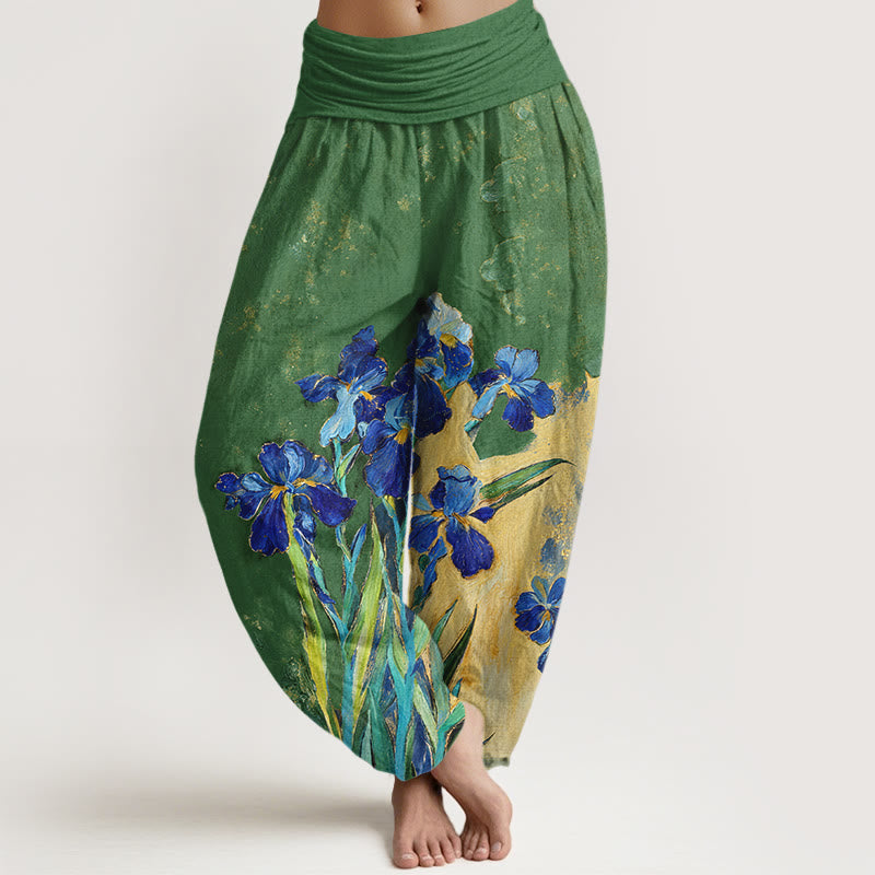 Buddha Stones Pantalon harem à taille élastique en pur coton à motif iris pour femme - Vert forêt - US16，UK/AU20，EU48 (3XL) - image 8