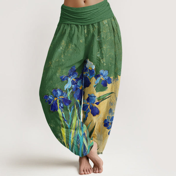 Buddha Stones Pantalon harem à taille élastique en pur coton à motif iris pour femme - Vert forêt - US16，UK/AU20，EU48 (3XL) - image 8