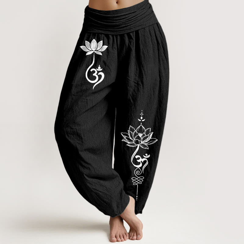 Buddha Stones Pantalon harem à taille élastique pour femme, motif fleur de lotus en coton et taille élastiquée - Noir - US16，UK/AU20，EU48 (3XL) - image 5