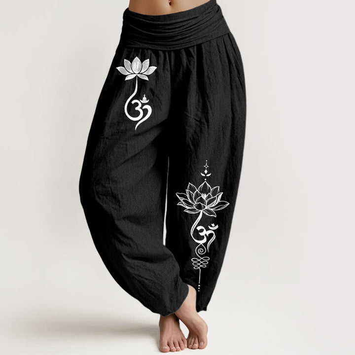 Buddha Stones Pantalon harem à taille élastique pour femme, motif fleur de lotus en coton et taille élastiquée - Noir - US16，UK/AU20，EU48 (3XL) - image 5
