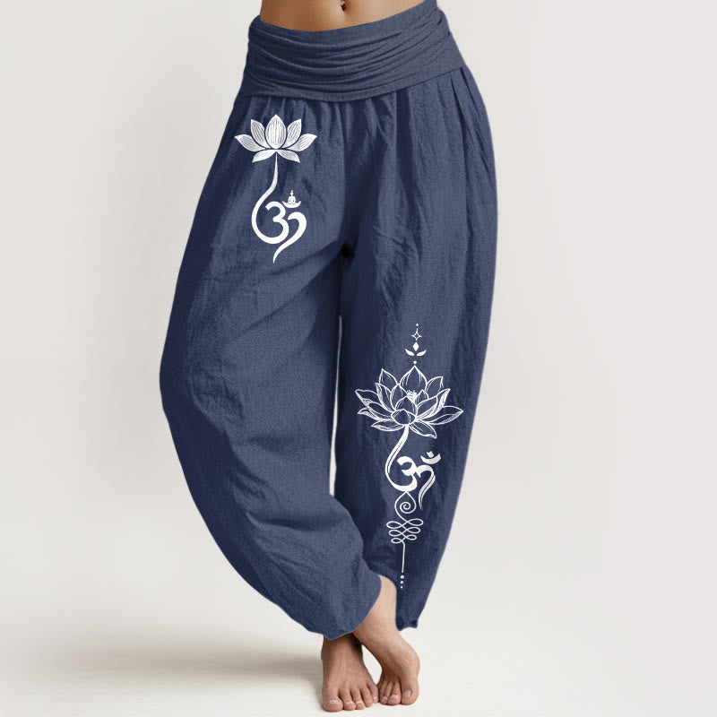 Buddha Stones Pantalon harem à taille élastique pour femme, motif fleur de lotus en coton et taille élastiquée - Bleu ardoise foncé - US16，UK/AU20，EU48 (3XL) - image 8