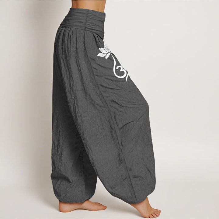 Buddha Stones Pantalon harem à taille élastique pour femme, motif fleur de lotus en coton et taille élastiquée - image 1