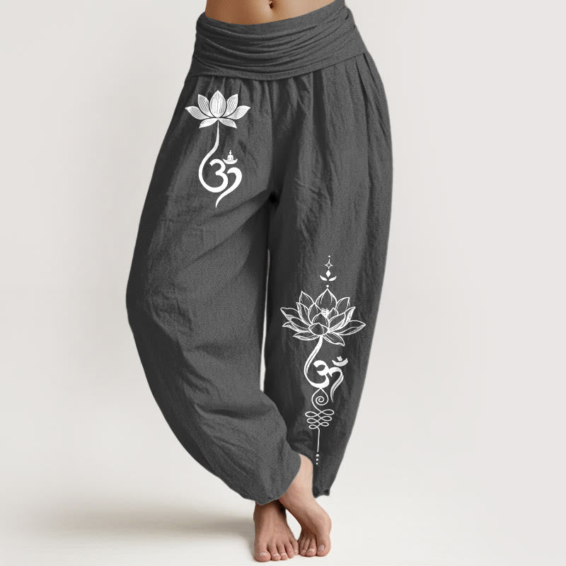 Buddha Stones Pantalon harem à taille élastique pour femme, motif fleur de lotus en coton et taille élastiquée - Gris terne - US16，UK/AU20，EU48 (3XL) - image 0