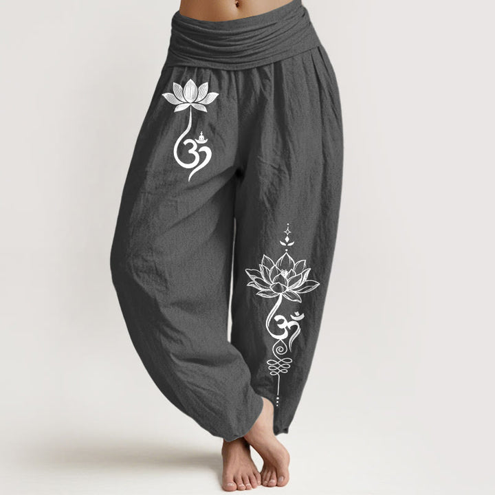 Buddha Stones Pantalon harem à taille élastique pour femme, motif fleur de lotus en coton et taille élastiquée - Gris terne - US16，UK/AU20，EU48 (3XL) - image 0