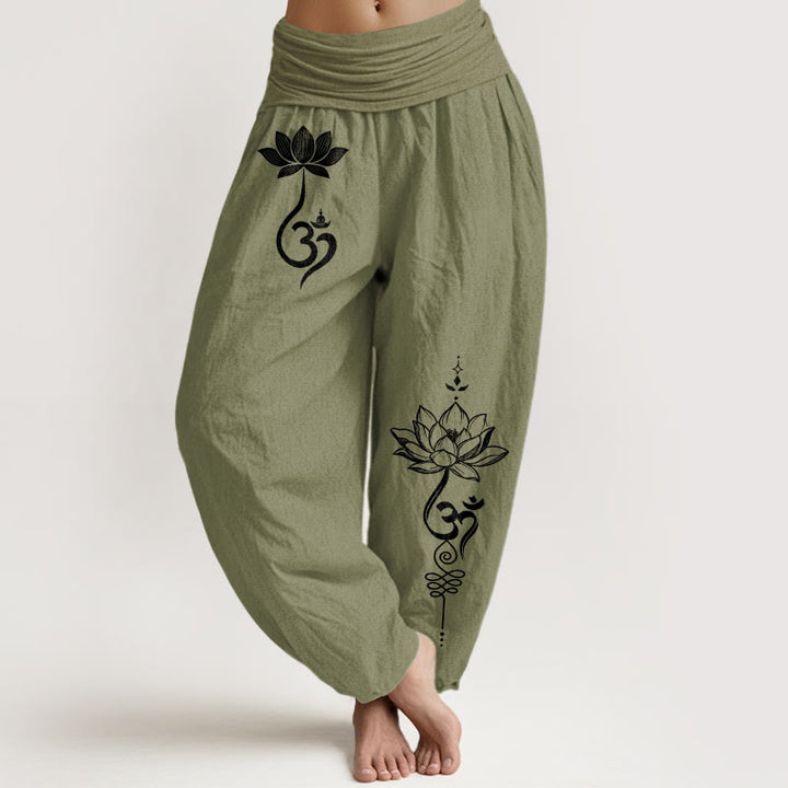 Buddha Stones Pantalon harem à taille élastique pour femme, motif fleur de lotus en coton et taille élastiquée - Vert olive - US16，UK/AU20，EU48 (3XL) - image 14