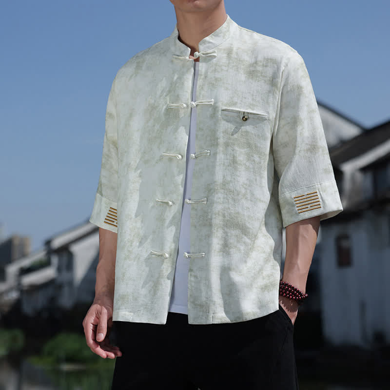 Buddha Stones Chemise en lin à manches courtes pour homme, avec broderie à motif moucheté et boutons de grenouille - Melon miellat - US/UK/AU46，EU56 (5XL) - image 0