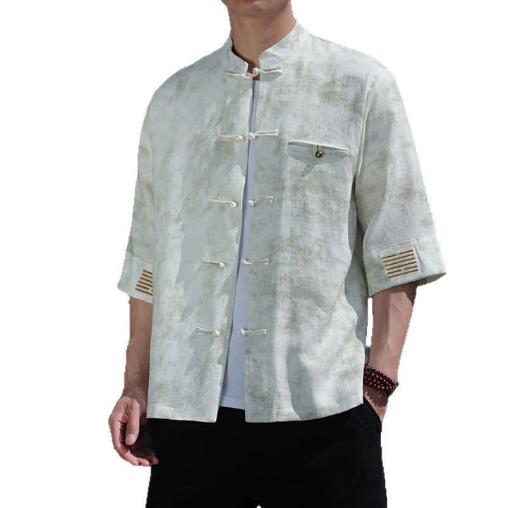 Buddha Stones Chemise en lin à manches courtes pour homme, avec broderie à motif moucheté et boutons de grenouille - image 5