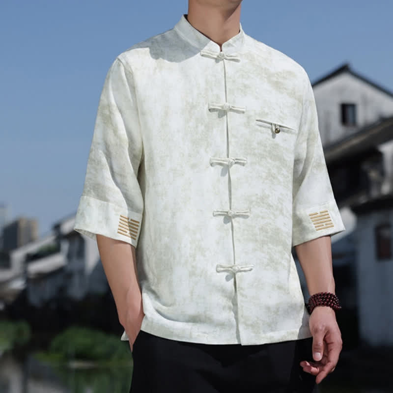 Buddha Stones Chemise en lin à manches courtes pour homme, avec broderie à motif moucheté et boutons de grenouille - image 3