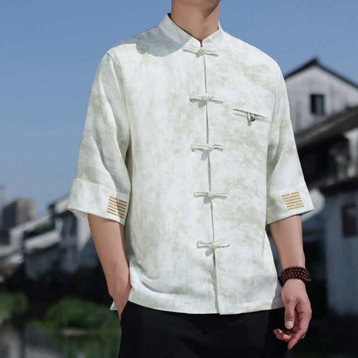 Buddha Stones Chemise en lin à manches courtes pour homme, avec broderie à motif moucheté et boutons de grenouille - image 3