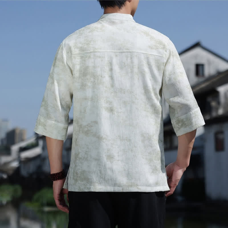 Buddha Stones Chemise en lin à manches courtes pour homme, avec broderie à motif moucheté et boutons de grenouille - image 1