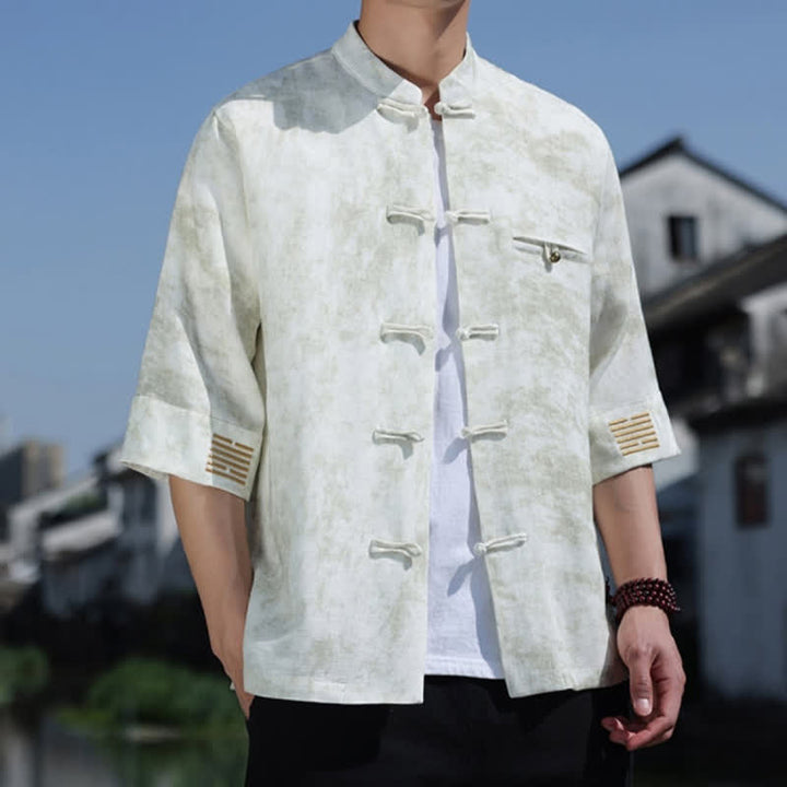 Buddha Stones Chemise en lin à manches courtes pour homme, avec broderie à motif moucheté et boutons de grenouille - image 4