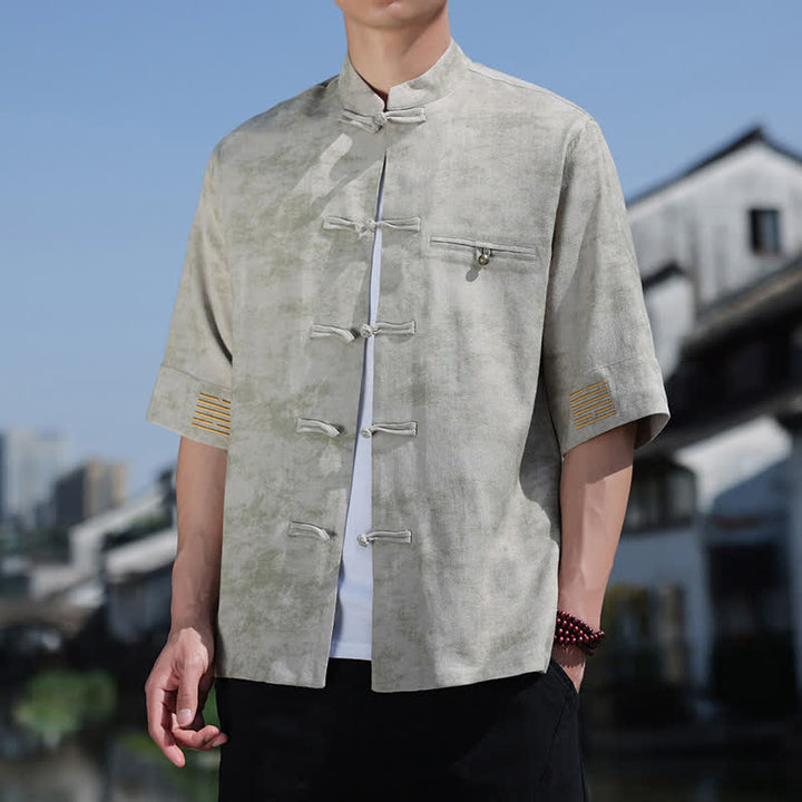 Buddha Stones Chemise en lin à manches courtes pour homme, avec broderie à motif moucheté et boutons de grenouille - Argent - US/UK/AU46，EU56 (5XL) - image 9