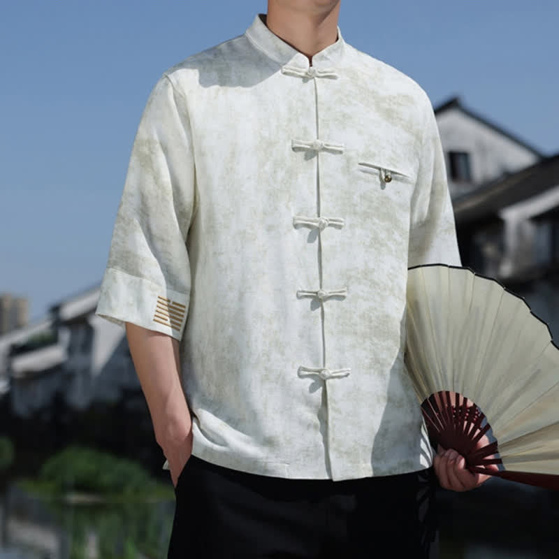 Buddha Stones Chemise en lin à manches courtes pour homme, avec broderie à motif moucheté et boutons de grenouille - image 2