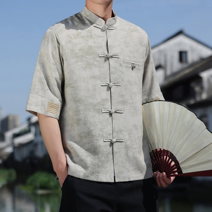 Buddha Stones Chemise en lin à manches courtes pour homme, avec broderie à motif moucheté et boutons de grenouille - image 11