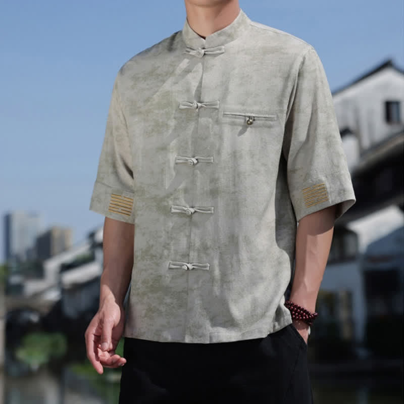 Buddha Stones Chemise en lin à manches courtes pour homme, avec broderie à motif moucheté et boutons de grenouille - image 10