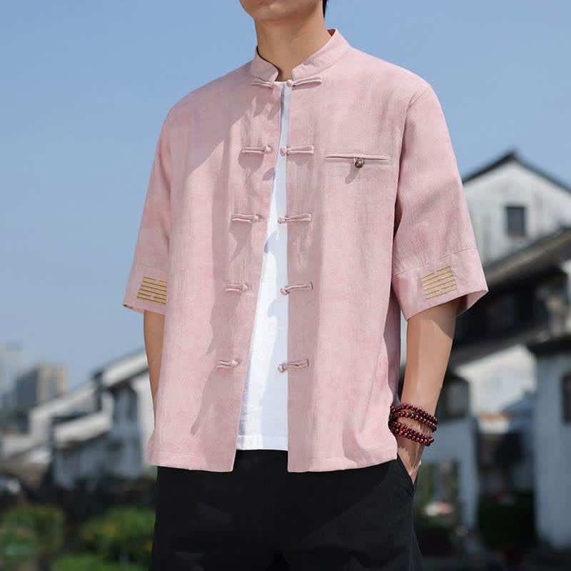 Buddha Stones Chemise en lin à manches courtes pour homme, avec broderie à motif moucheté et boutons de grenouille - Rose clair - US/UK/AU46，EU56 (5XL) - image 12