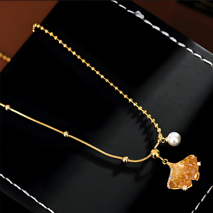 Buddha Stones Collier pendentif en citrine champagne, perle de cuivre et perle, symbole de protection des biens - Citrine (Propriété ♥ Créativité) - image 0