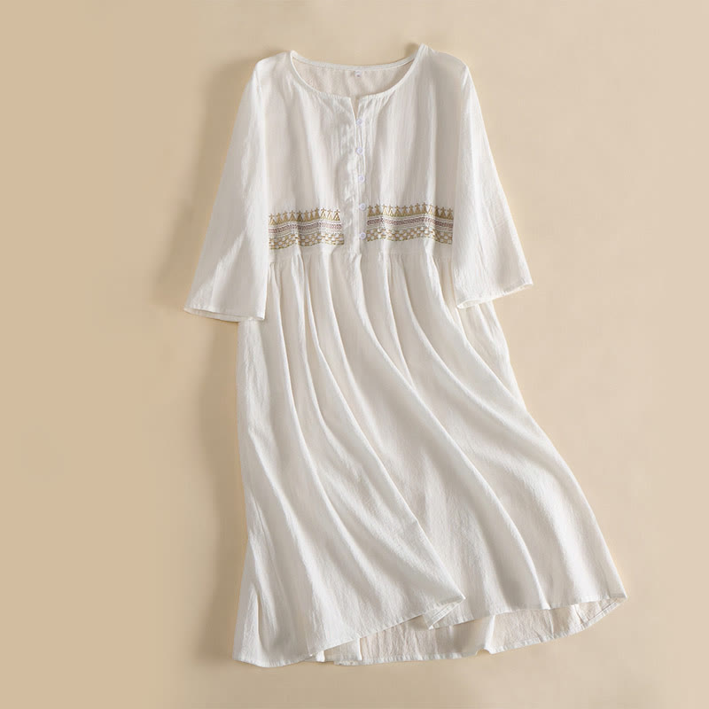 Robe midi femme à manches courtes et poches, ornée de broderies géométriques en forme de Buddha Stones - Blanc - US14，UK/AU18，EU46 (4XL) - image 1