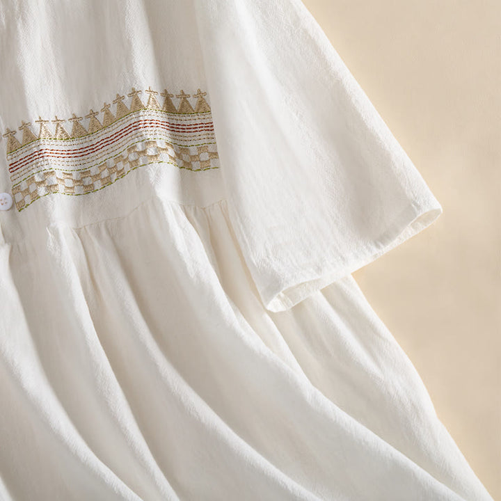 Robe midi femme à manches courtes et poches, ornée de broderies géométriques en forme de Buddha Stones - image 6
