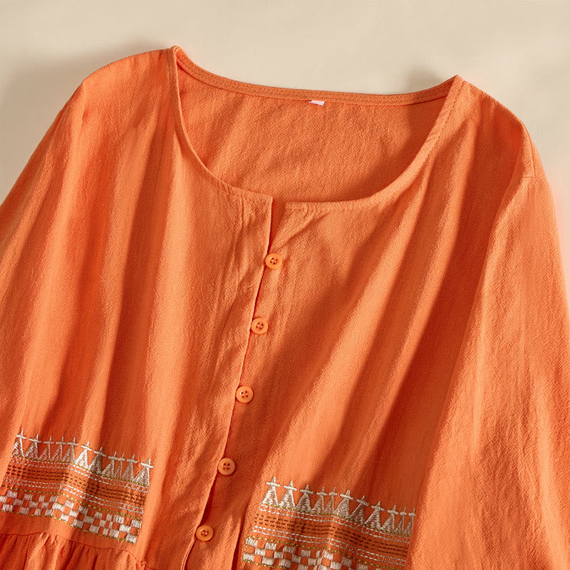 Robe midi femme à manches courtes et poches, ornée de broderies géométriques en forme de Buddha Stones - image 11