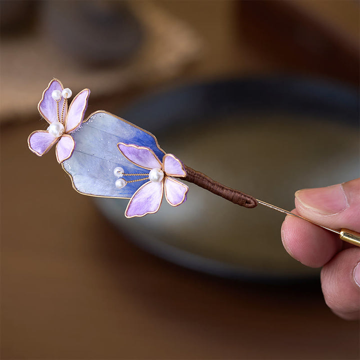 Buddha Stones Broche Liberté en velours de soie fait main, fleur violette et papillon - image 2