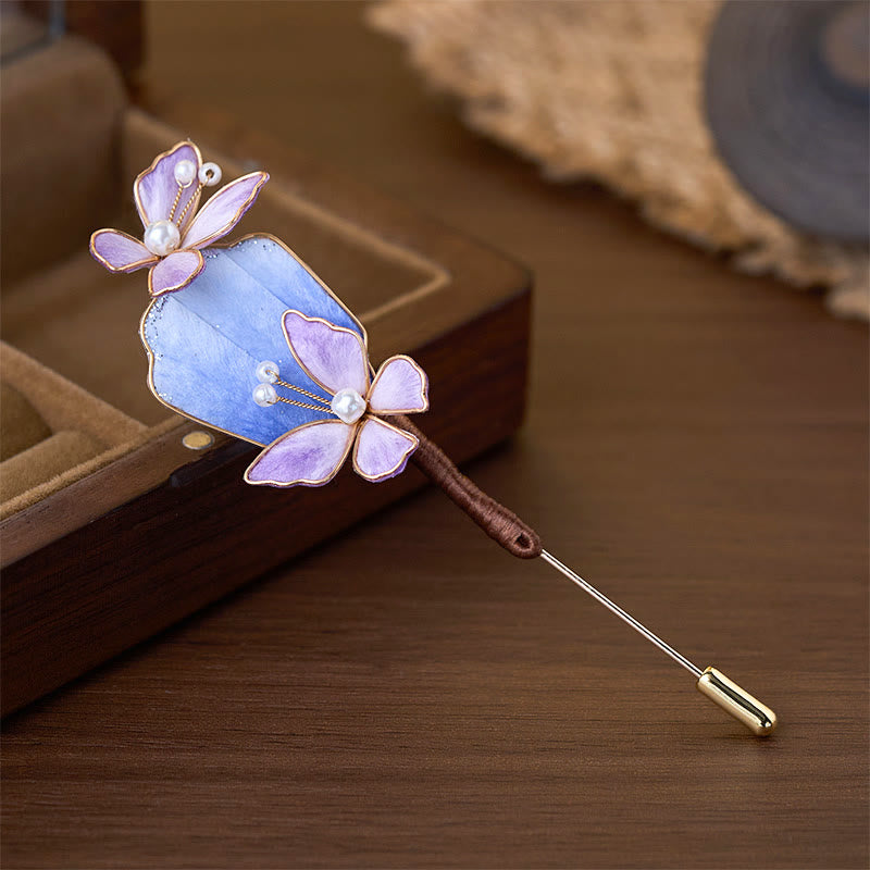Buddha Stones Broche Liberté en velours de soie fait main, fleur violette et papillon - image 1