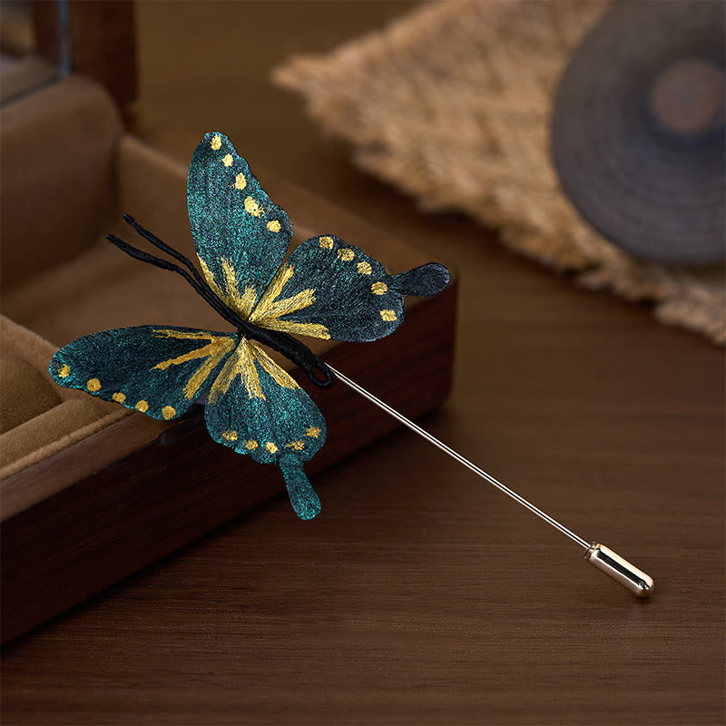Buddha Stones Broche papillon bleu doré en velours de soie fait main - image 1