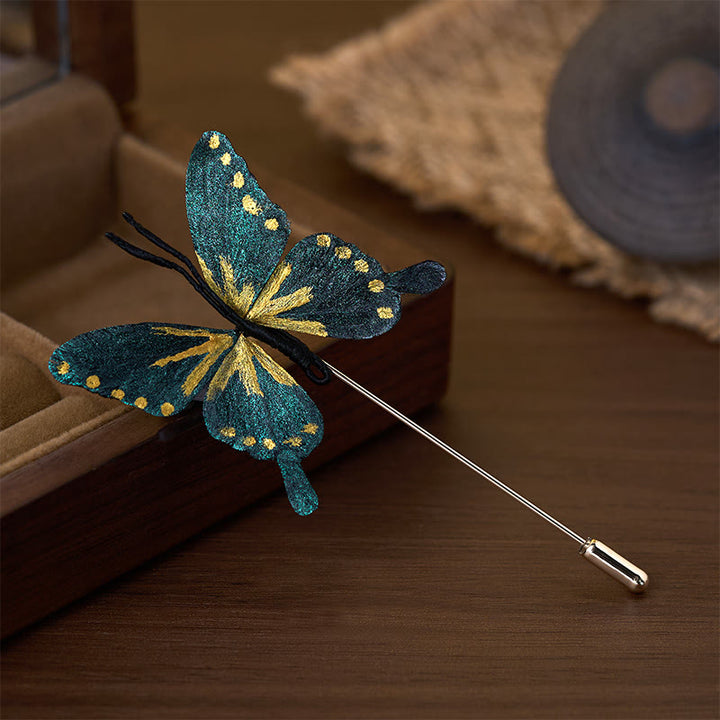 Buddha Stones Broche papillon bleu doré en velours de soie fait main - image 1
