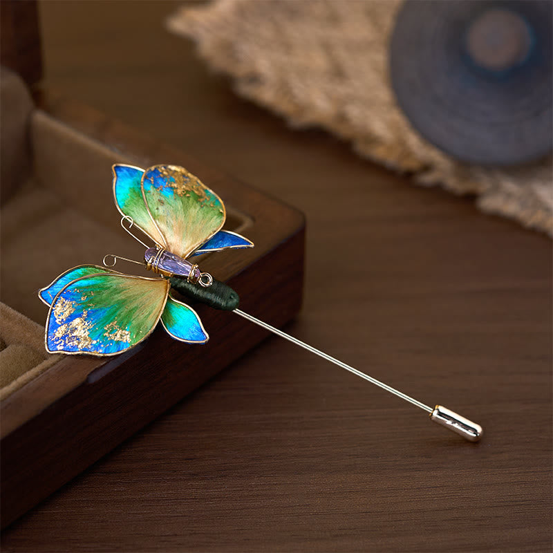 Buddha Stones Broche papillon en velours de soie artisanale, ornée d'une fleur aux dégradés bleu-vert. - image 1