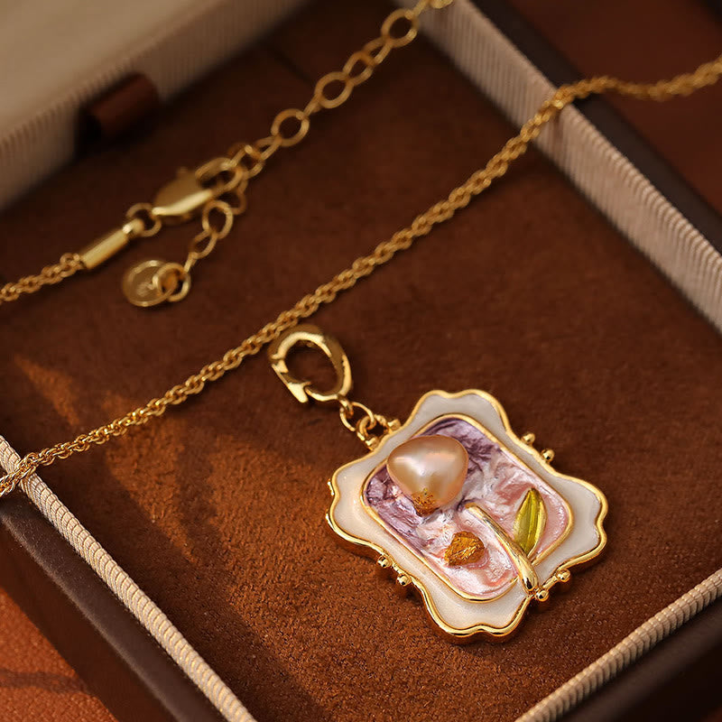 Buddha Stones Collier pendentif en cuivre et perles, peint à l'huile, représentant une fleur et un tableau de guérison. - image 2