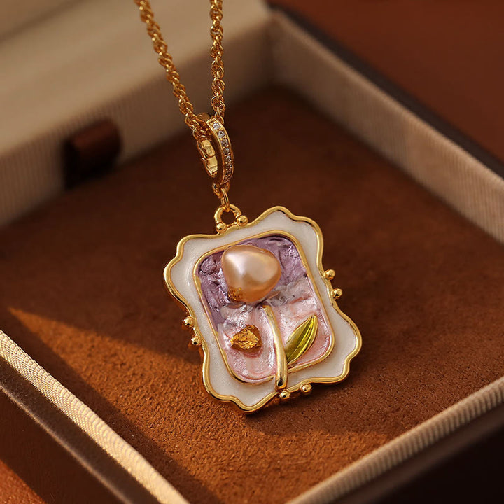 Buddha Stones Collier pendentif en cuivre et perles, peint à l'huile, représentant une fleur et un tableau de guérison. - Peinture à l'huile de fleurs (Dimensions du pendentif : 2,7 x 2,2 cm) - image 0