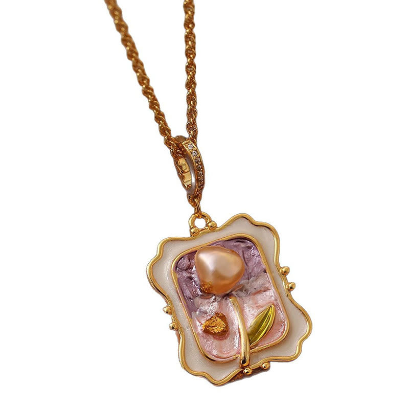 Buddha Stones Collier pendentif en cuivre et perles, peint à l'huile, représentant une fleur et un tableau de guérison. - image 5
