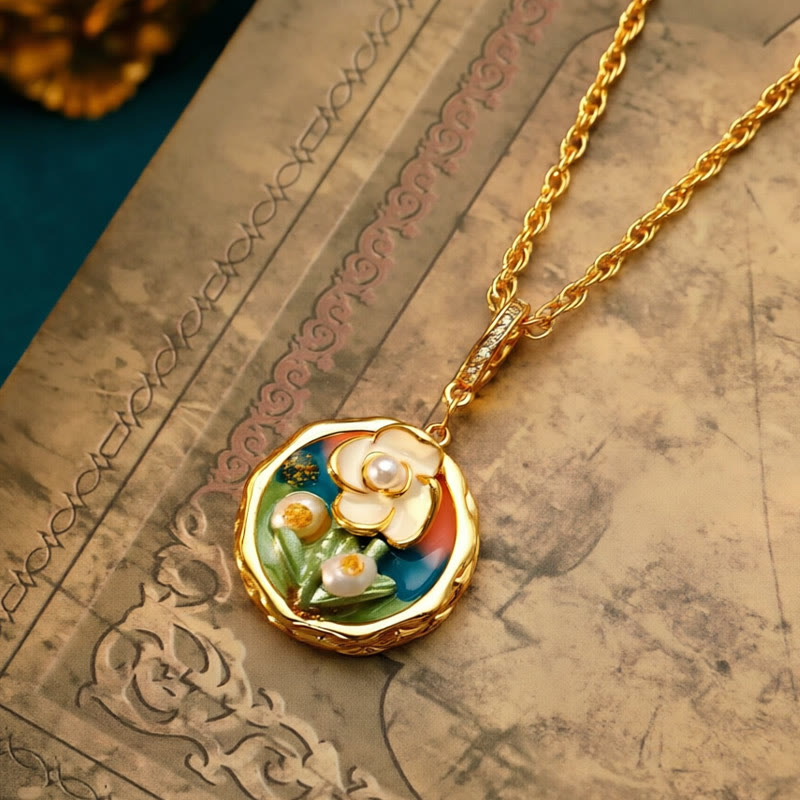 Buddha Stones Collier pendentif rétro rond en cuivre, motif floral peint à l'huile, symbole de richesse. - image 2