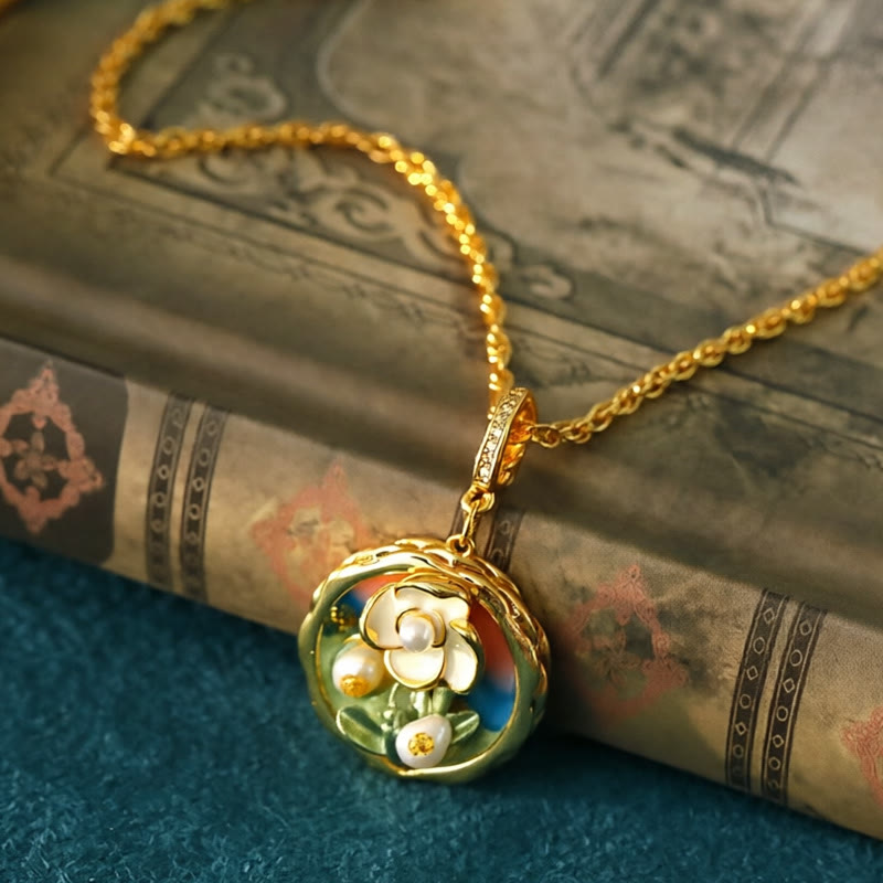 Buddha Stones Collier pendentif rétro rond en cuivre, motif floral peint à l'huile, symbole de richesse. - image 1