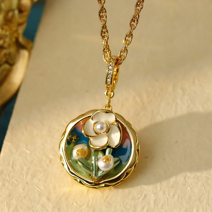 Buddha Stones Collier pendentif rétro rond en cuivre, motif floral peint à l'huile, symbole de richesse. - image 3
