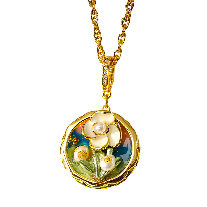 Buddha Stones Collier pendentif rétro rond en cuivre, motif floral peint à l'huile, symbole de richesse. - image 4