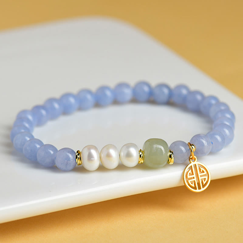 Buddha Stones Bracelet énergétique en perles de calcédoine bleue - Calcédoine bleue (Tour de poignet : 15-16 cm) - image 0
