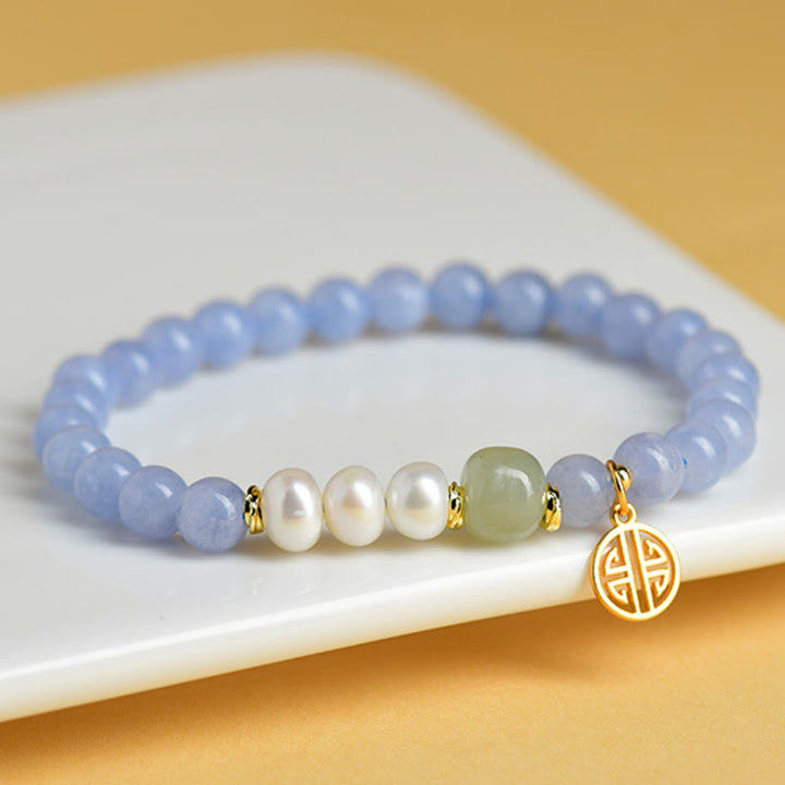 Buddha Stones Bracelet énergétique en perles de calcédoine bleue - Calcédoine bleue (Tour de poignet : 15-16 cm) - image 0