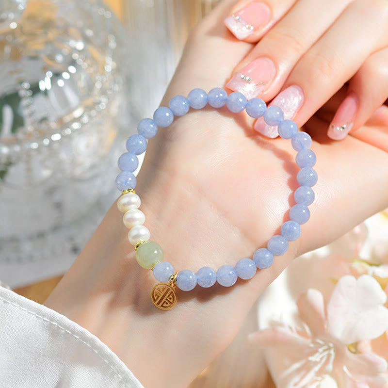 Buddha Stones Bracelet énergétique en perles de calcédoine bleue - image 4