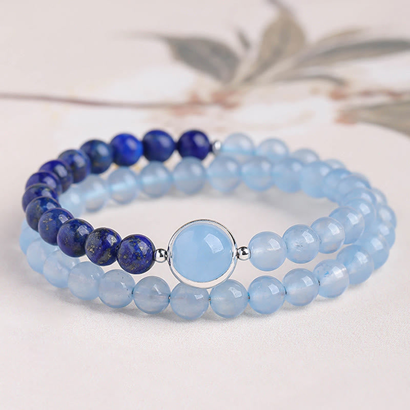 Buddha Stones Bracelet de guérison en aigue-marine naturelle et lapis-lazuli - Bracelet double tour (Tour de poignet : 14-15 cm) - image 1