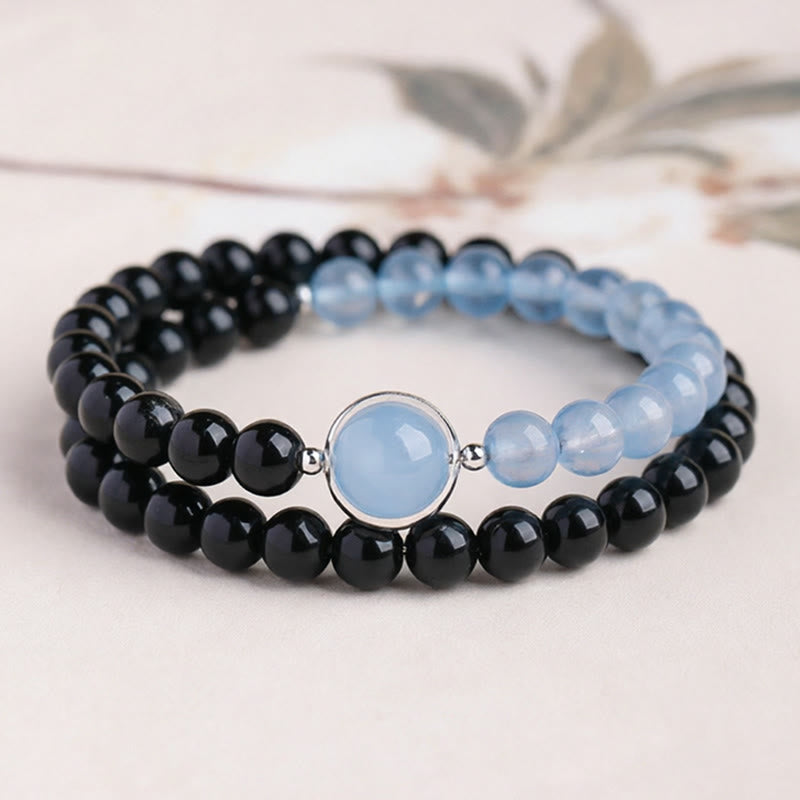 Buddha Stones Bracelet de purification de paix en aigue-marine et obsidienne noire - Bracelet double tour (Tour de poignet : 14-15 cm) - image 1